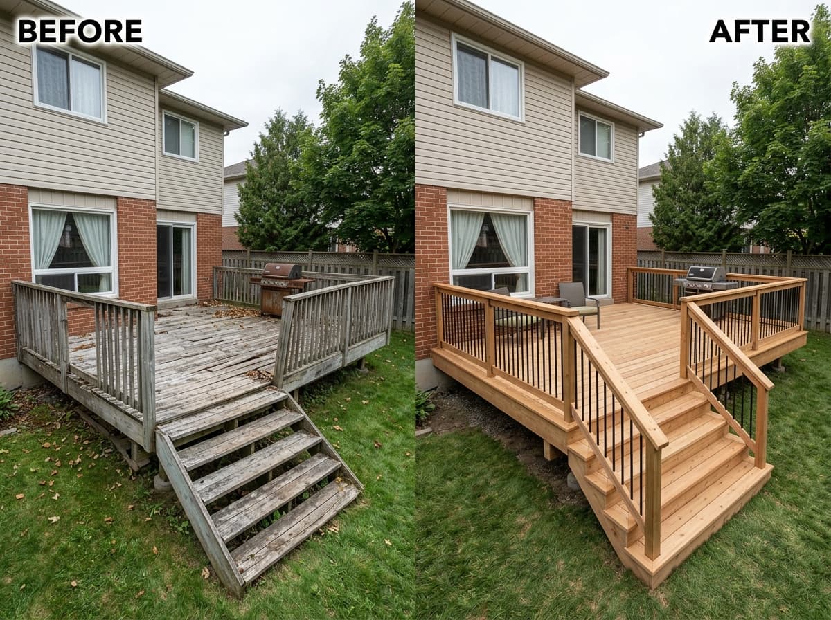 Before and after: rotted gray deck rebuilt into a new cedar deck with railing