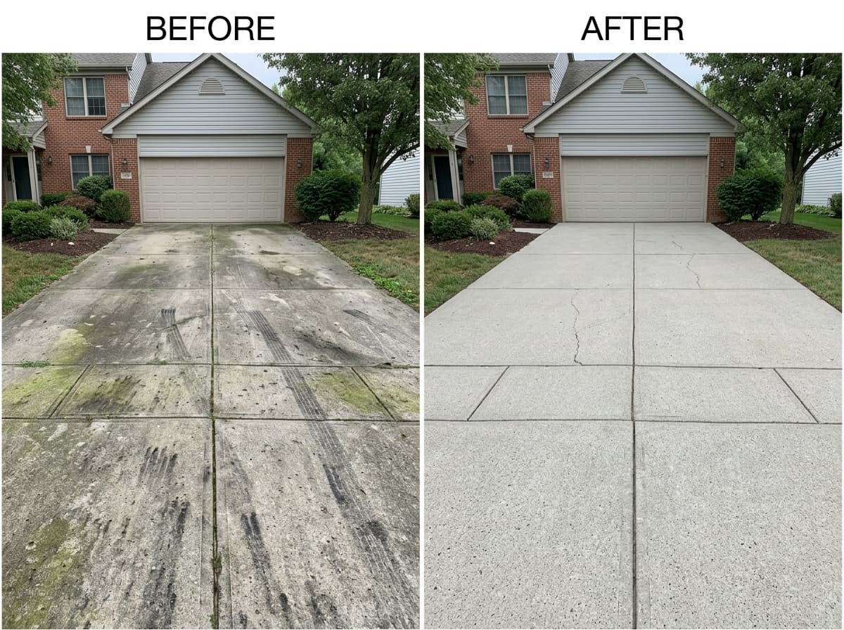 Before and after: grimy concrete driveway restored by pressure washing