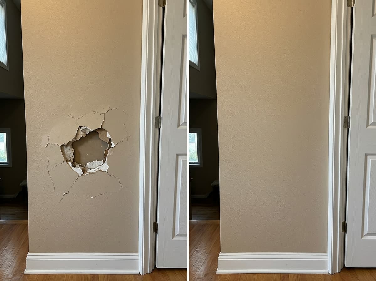 Before and after: damaged drywall repaired and finished smooth