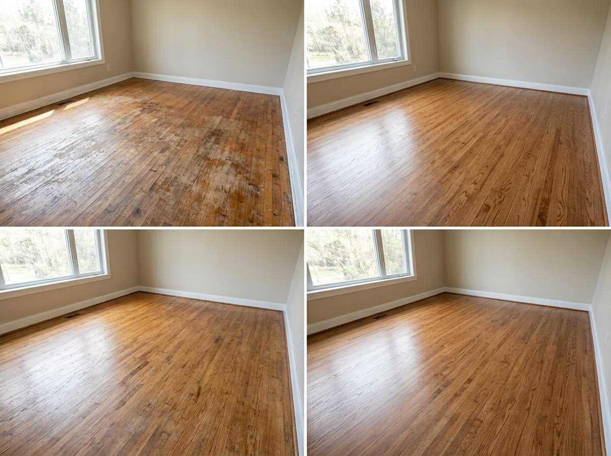 Before and after: worn hardwood floor sanded and re-stained to a like-new finish