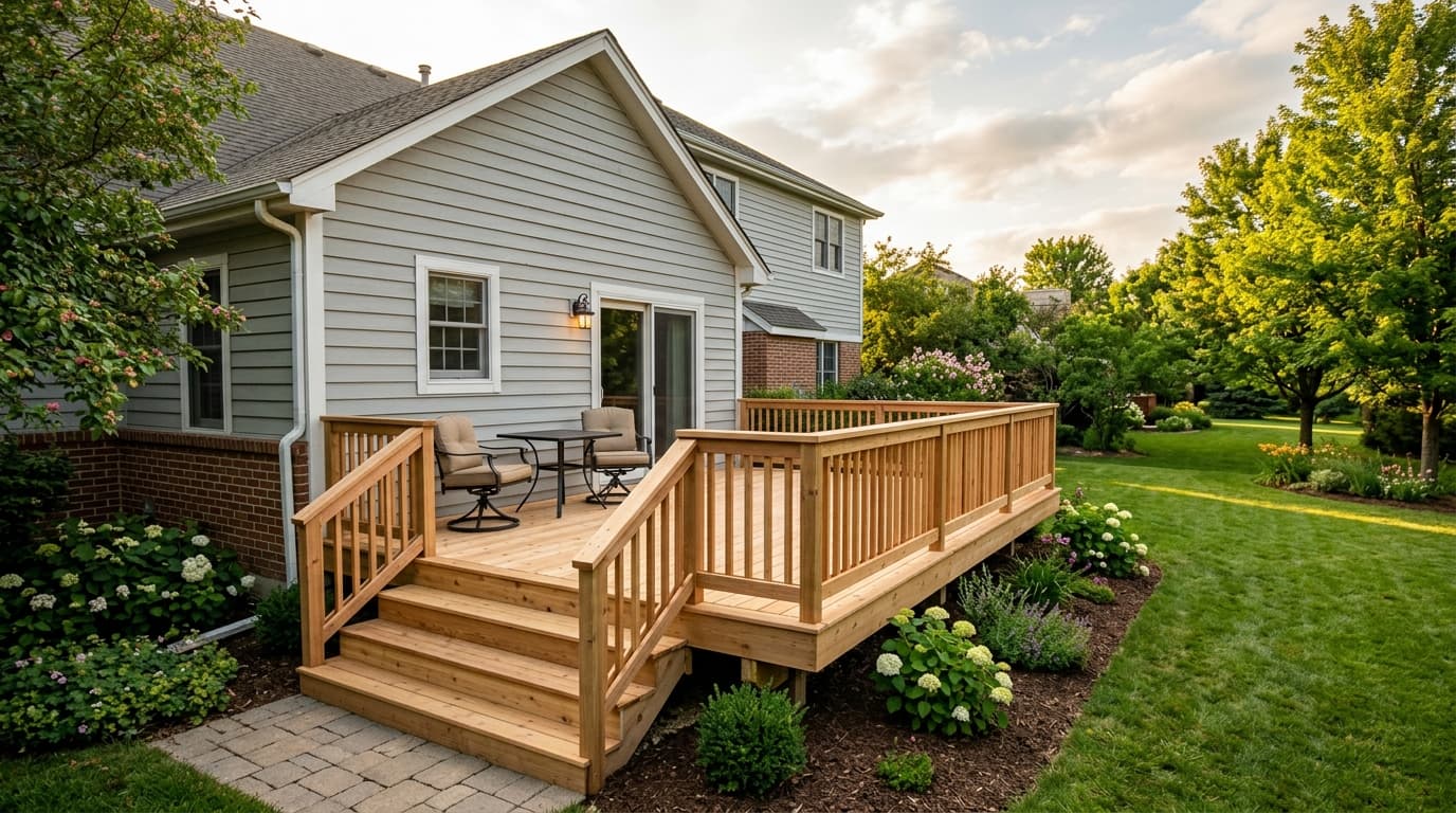 New backyard deck with cedar railing built by Official Home Repair in Conway, SC