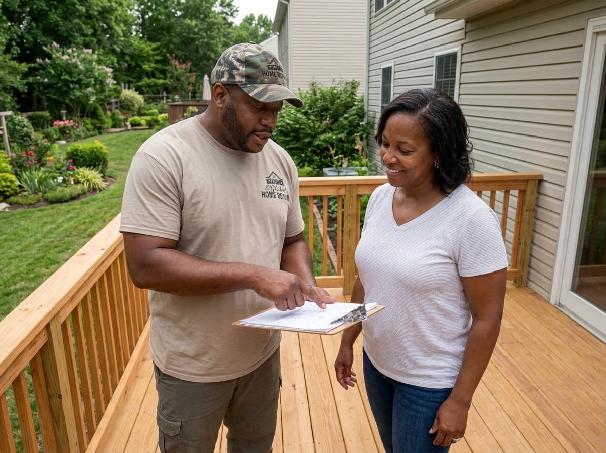 Marcus Hemingway of Official Home Repair reviewing a project with a homeowner on their new deck