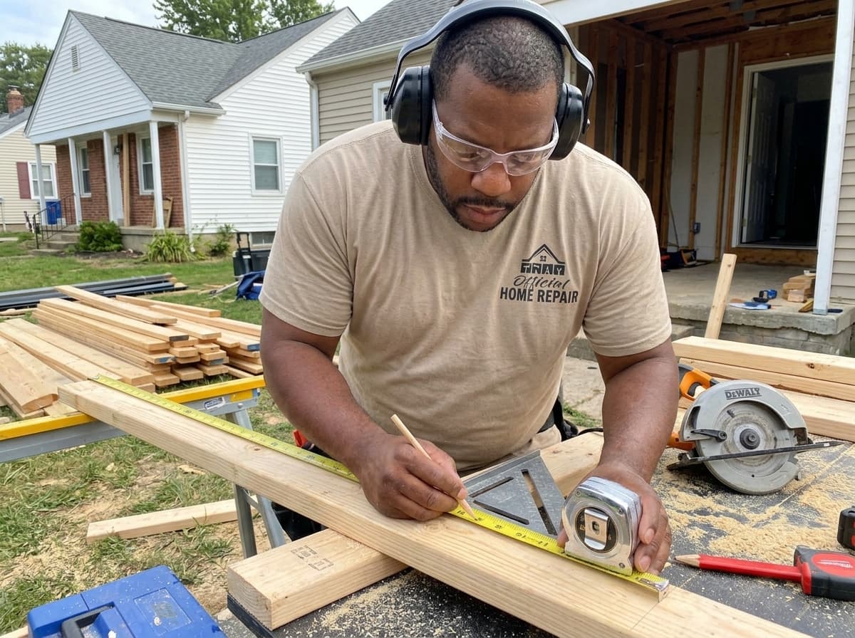 Marcus Hemingway measuring and cutting lumber on a job site