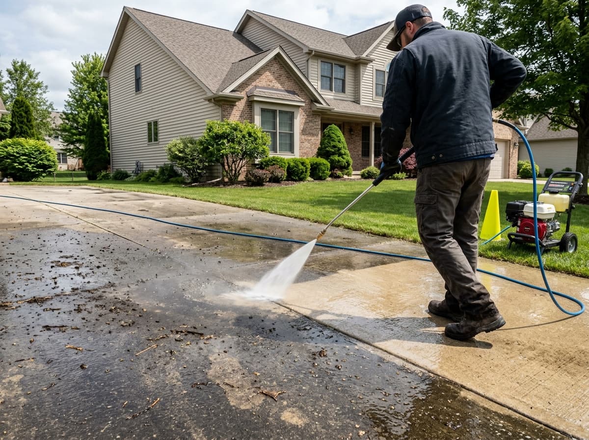 Pressure washing a concrete driveway