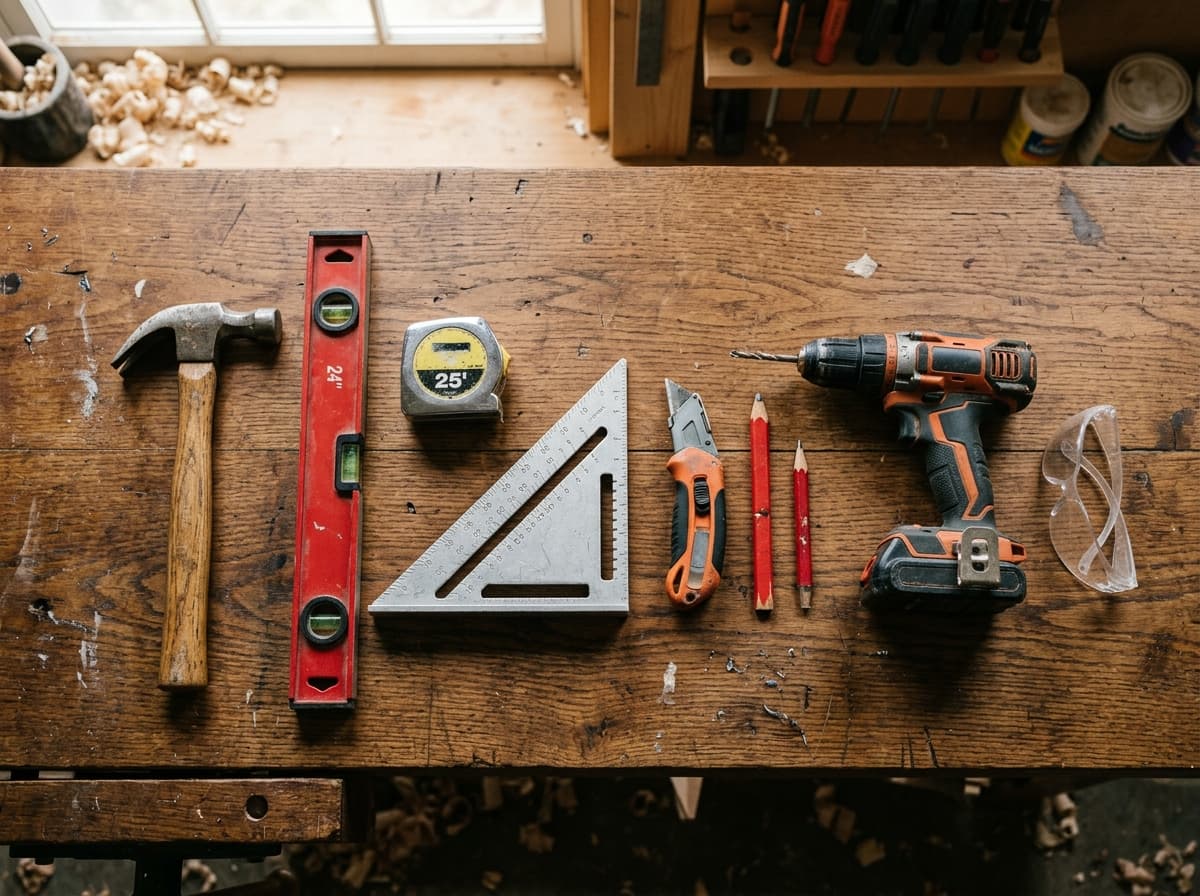 Hand tools laid out on a wooden workbench