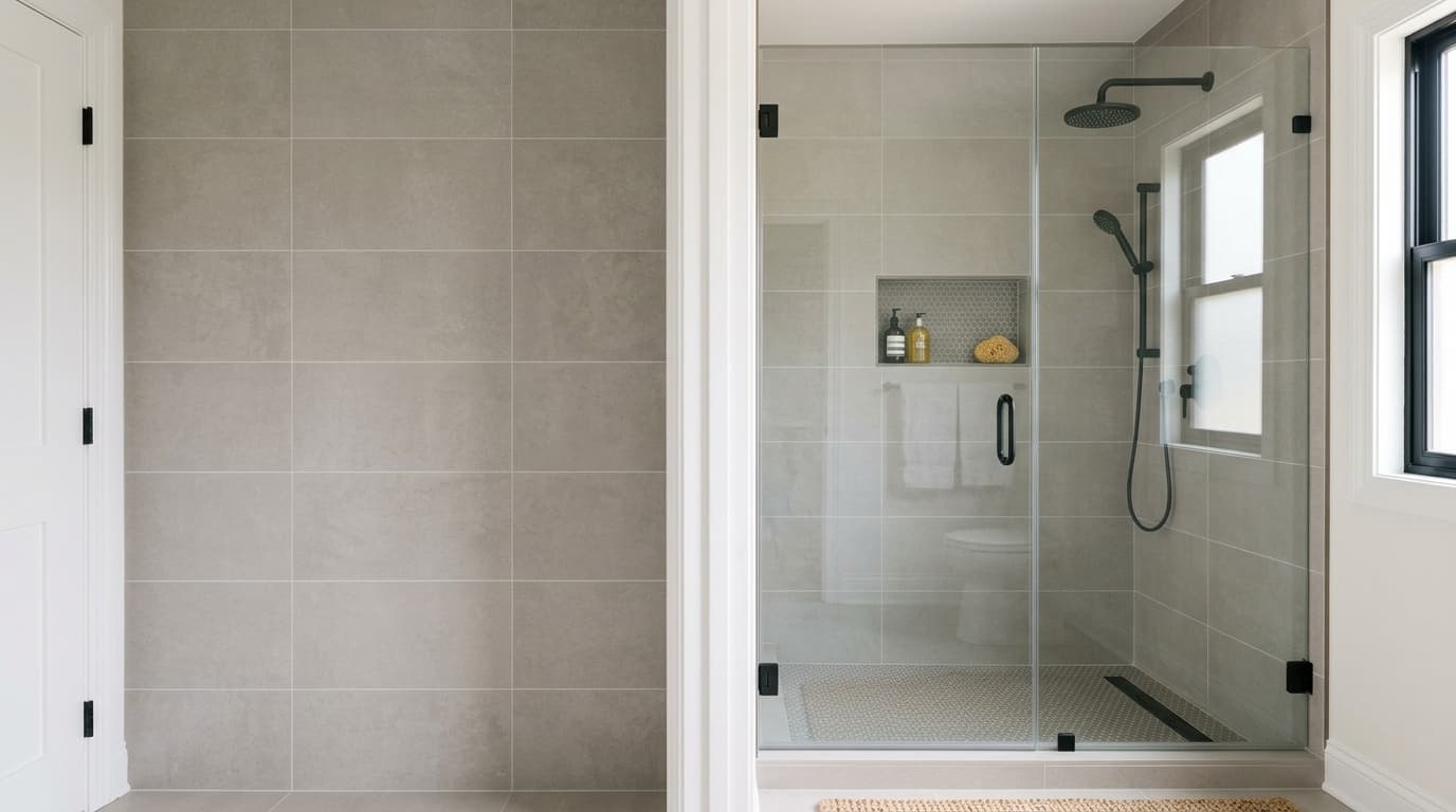 Finished custom tiled walk-in shower with glass door